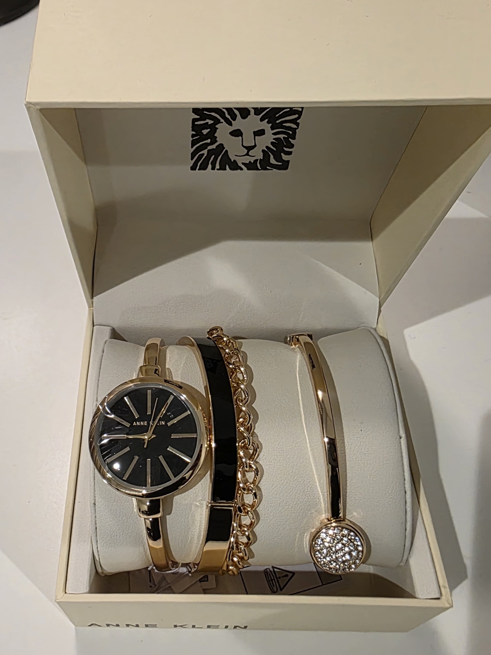 Anne Klein Gold-Tone Watch and Black Dial Bracelet Set
